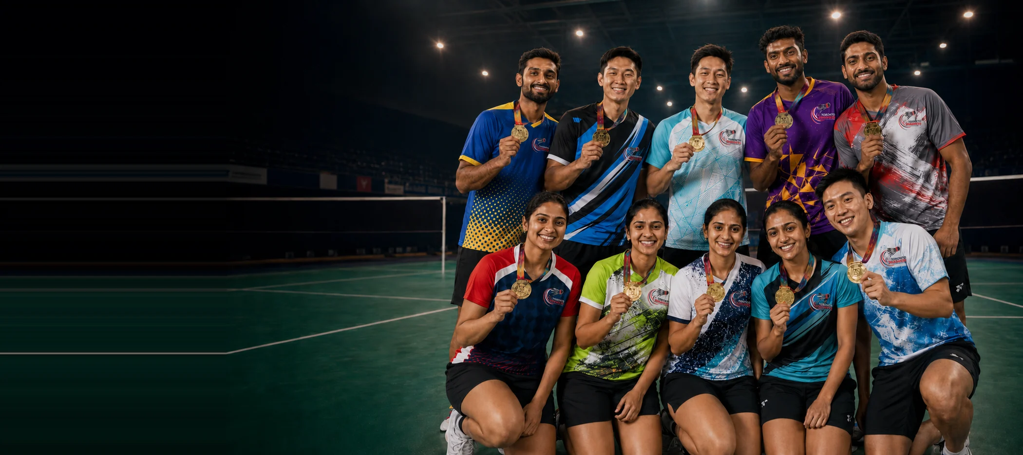 Ten Toronto Smashers players holding up gold medals together on a dramatically lit indoor court