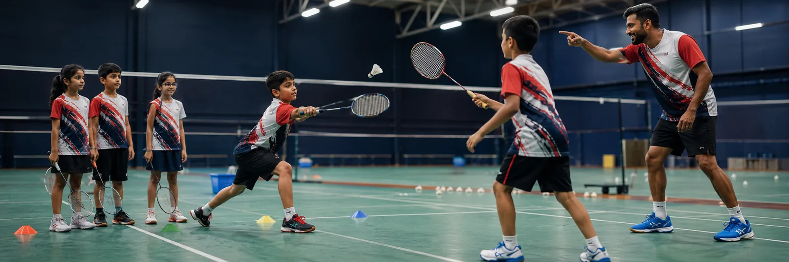 Kids learning badminton drills with coaches